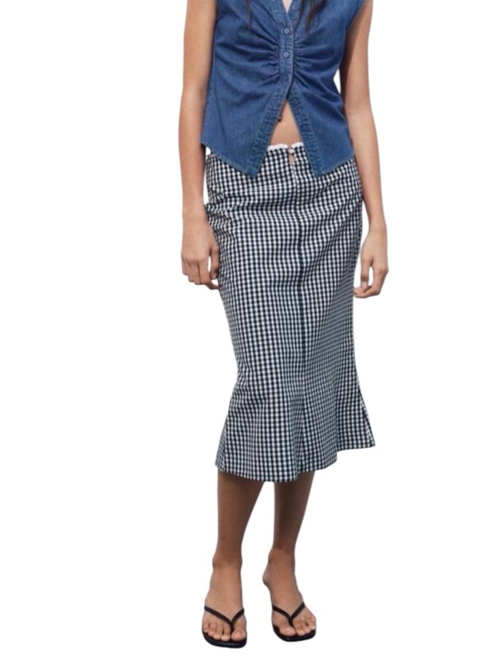 Zara Navy and White Gingham Midi Skirt NWT